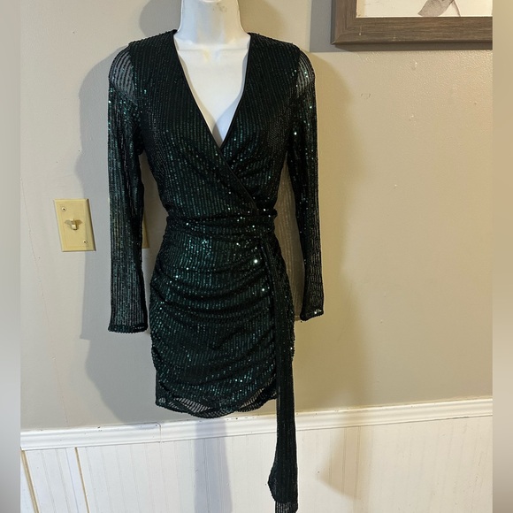 Glamorous Green Sequin Wrap Dress - Picture 1 of 5